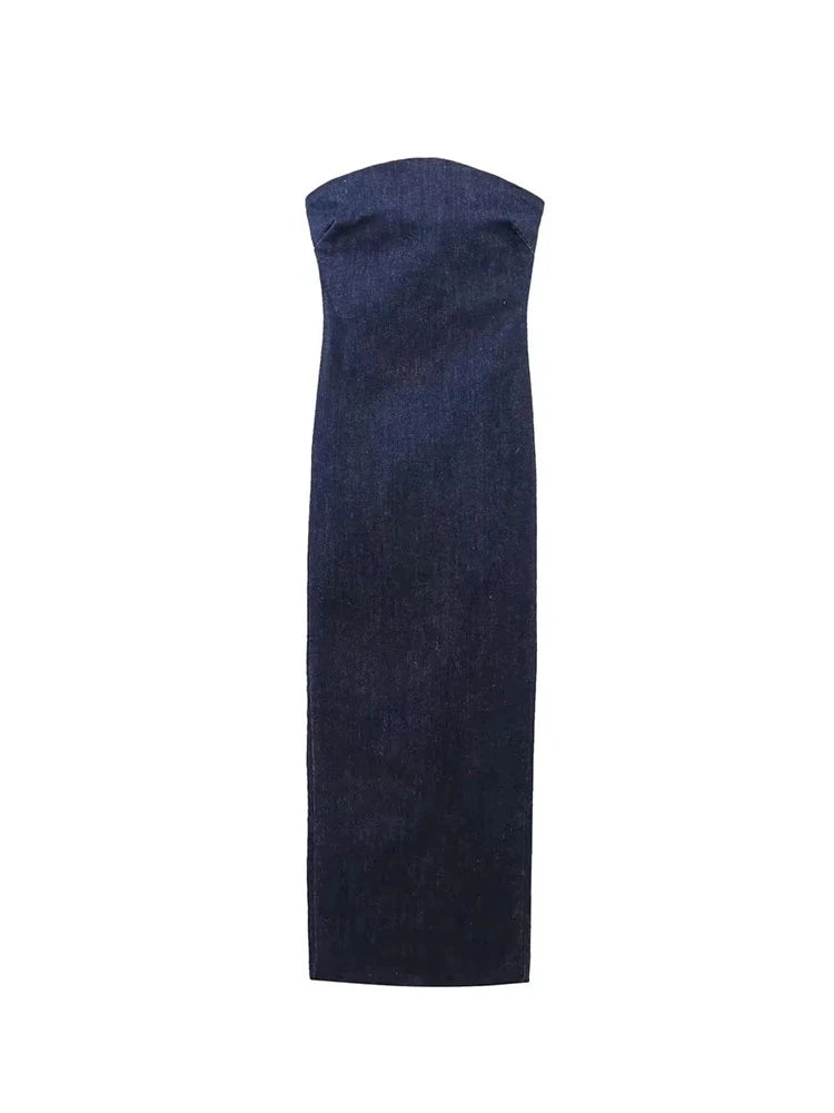 ''Erica'' Dark Blue Denim Maxi Dress