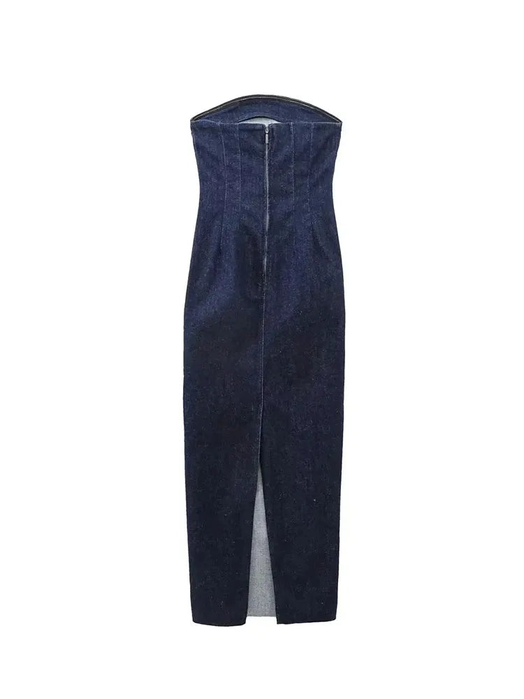 ''Erica'' Dark Blue Denim Maxi Dress